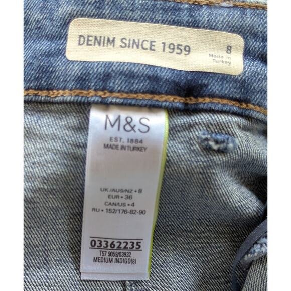 M&S VTG Denim Jean Skirt 4 Blue Midi Pencil 4 Button Front Patch Pockets 90s - Picture 8 of 10